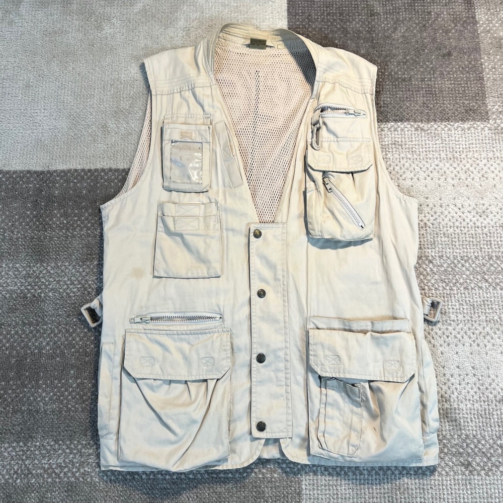 Vintage Kodak Men's Tan Cotton Utility Fishing Vest Multi-Pocket Mesh Back Large